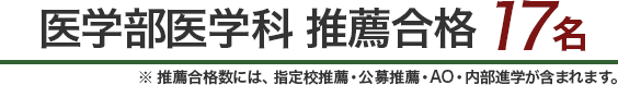 医学部医学科 推薦合格　１７名 ※ 推薦合格数には、指定校推薦・公募推薦・AO・内部進学が含まれます。